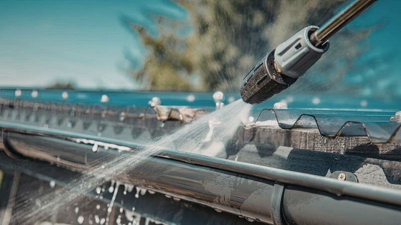 Pressure washing gutters clean on a Sydney home roof