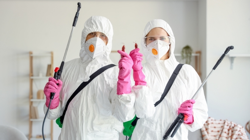 Professional pest control team in protective suits treating a home
