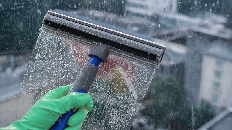 Professional window cleaner using squeegee on Sydney home windows