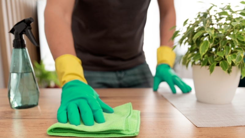 Professional cleaner wiping down surfaces in a Sydney home