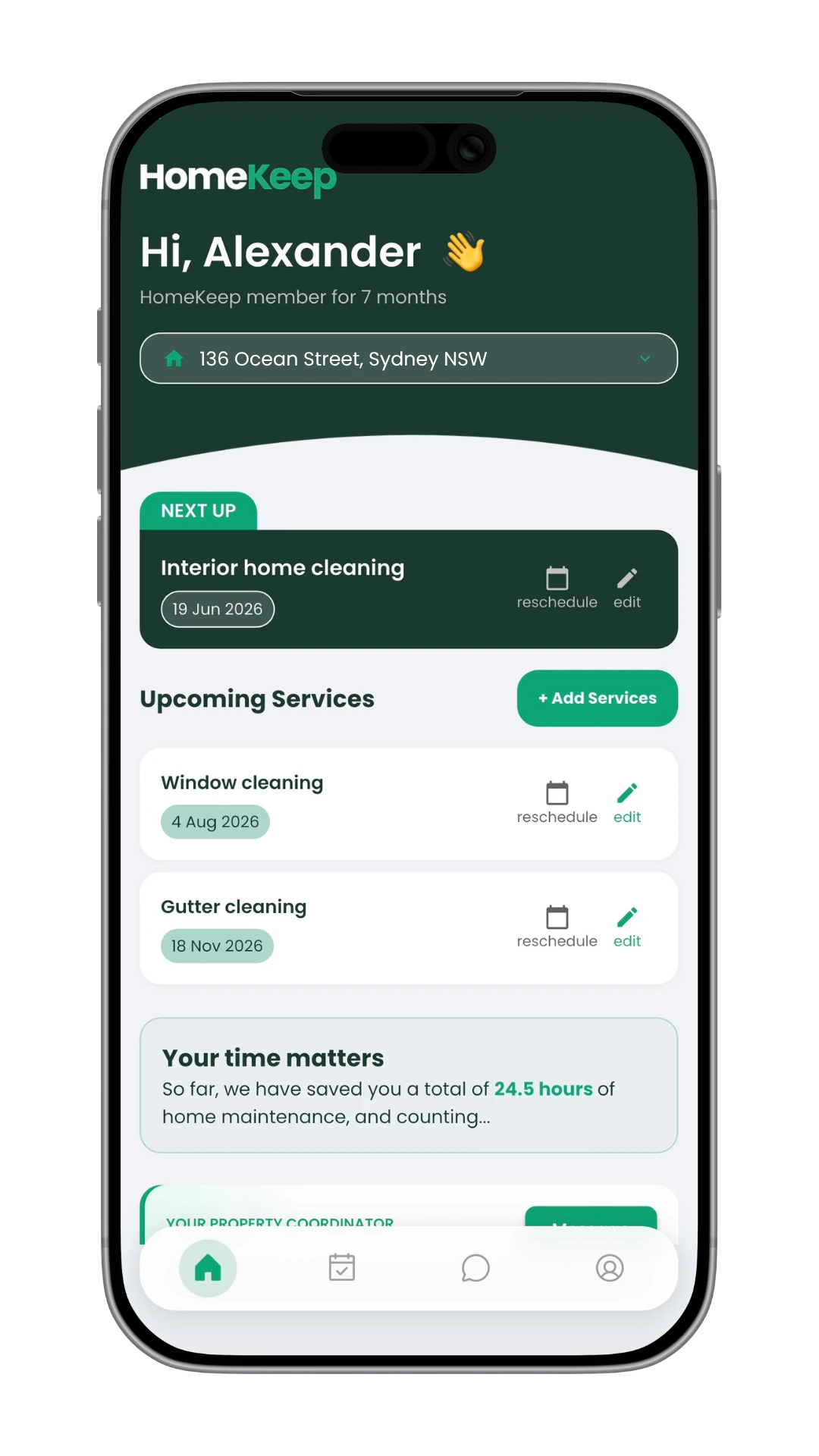 HomeKeep app dashboard showing upcoming services