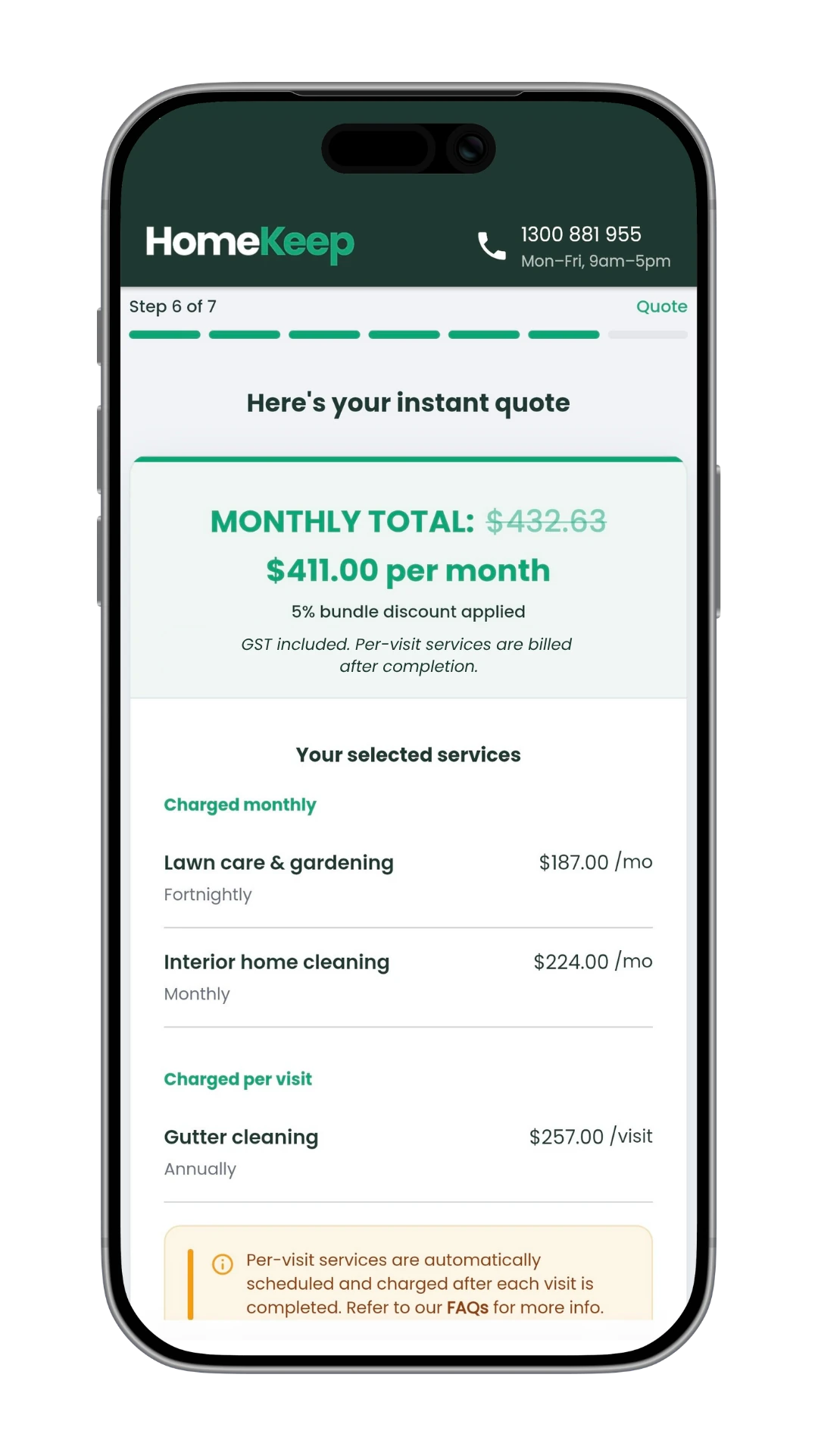 HomeKeep instant quote screen showing monthly total
